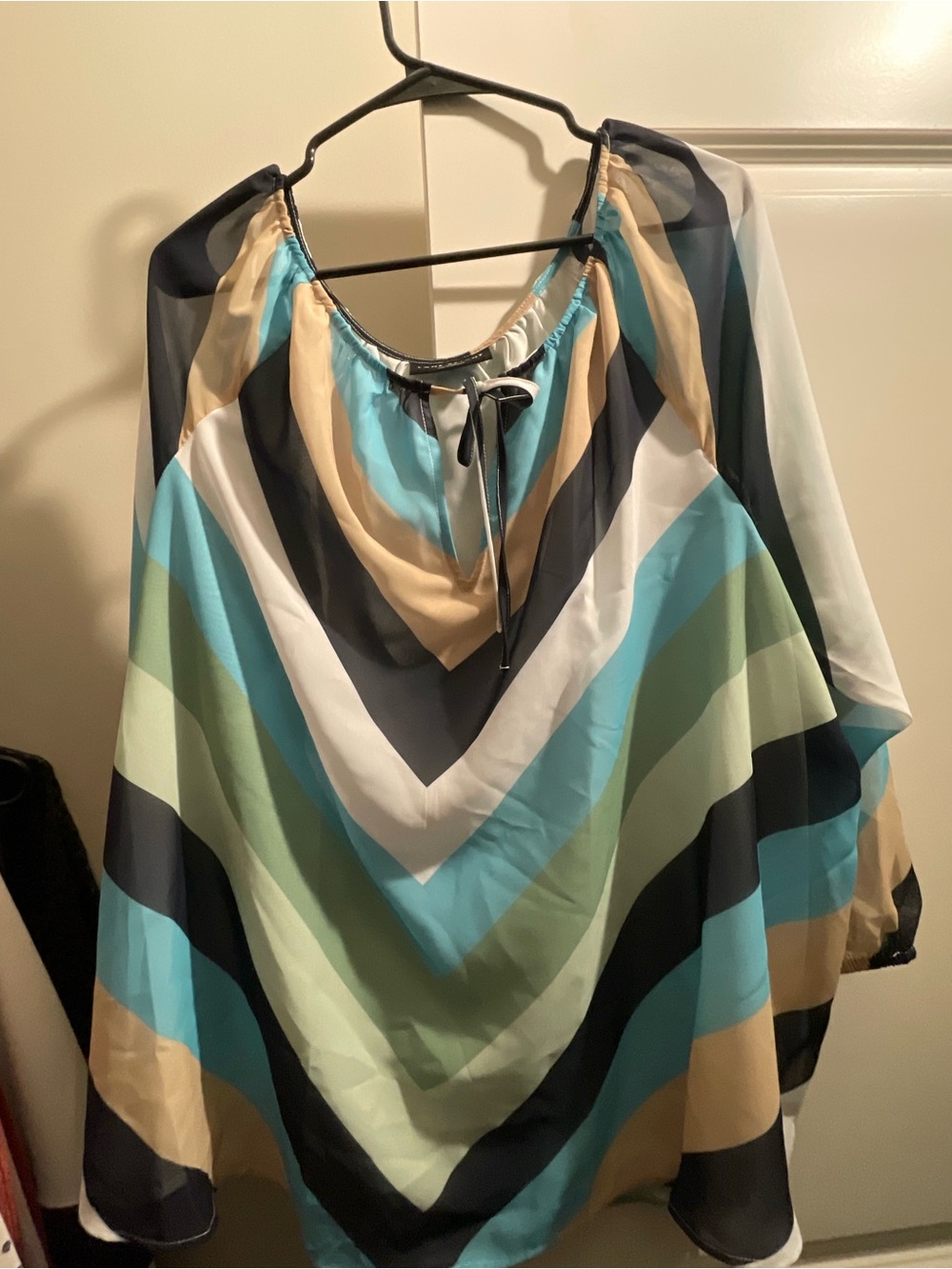 Lane Bryant Teal, Sage & Black Chevron Tie-Neck Blouse